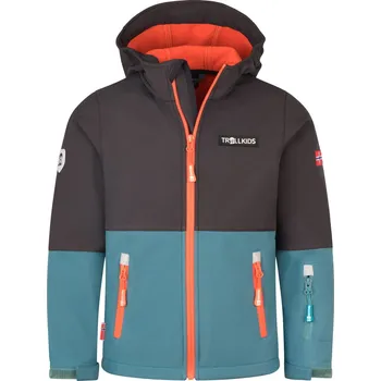 Dívčí bunda DĚTSKÁ ZATEPLENÁ SOFTSHELLOVÁ BUNDA TROLLKIDS SKJORTA, STORMY BLUE / BLACK / FLAME ORANGE Velikost: 116