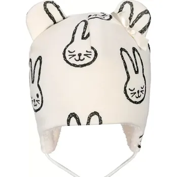 Čepice Bexa Zimní čepice na zavazování s kožešinou a oušky Zajíček Ecru, vel. 80/92