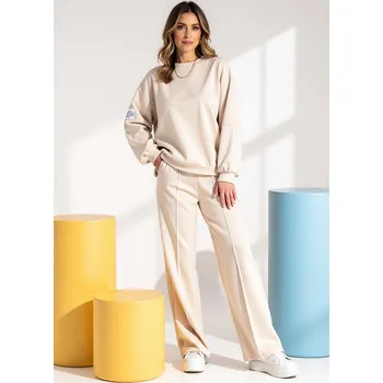 Dámské kalhoty Béžová dámská tepláková souprava z viskózy se širokými nohavicemi M1168 Beige Velikost: L/XL