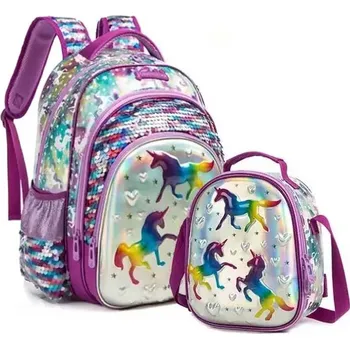 Školní batoh Jasmine Dívčí školní batoh set 2v1 Flitrový s Jednorožcem 25L