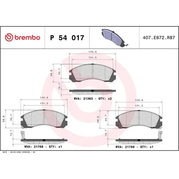 Brzdová destička Sada brzdových destiček, kotoučová brzda BREMBO P 54 017
