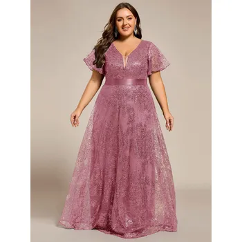 Dámské šaty Flitrové večerní šaty s volánovým rukávem Barva: Purpurová, Velikost: L