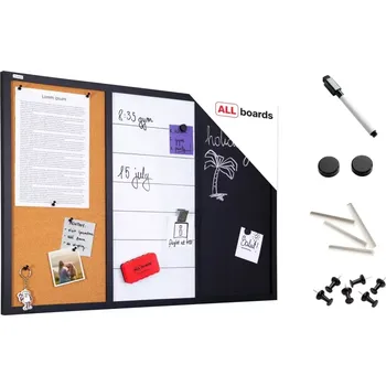 Kombinovaná tabule 3 v 1: bílá magnetická, černá magnetická na křídu a korková 90x60 cm ALLboards COMBI CO96KBM_BK
