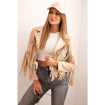 Dámská casual bunda Kesi Włoski Dámská bunda z eko kůže s třásněmi v boho stylu světlá camelová Kesi Włoski šedá | krémová 3399922