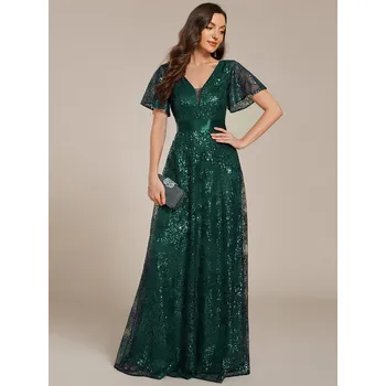 Dámské šaty Flitrové večerní šaty s volánovým rukávem Barva: Tmavě Zelená, Velikost: 4XL