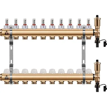 rozdělovač topení Wigell Podlahový rozdělovač WIGELL, 10 okruhů, mosazný + automatické odvzdušňování 8481.80.90