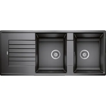 Vodovodní baterie Tento moderní dřez s dvojitou mísou má čistý, rovný design s úzkým okrajem, který zdůrazňuje jeho vnější obrys, a charakteristickou odtokovou lištu, která opticky zvětšuje odkapávač. Nabízí prostornou plochu pro kuchyňské práce a jeho klasické uspořádání