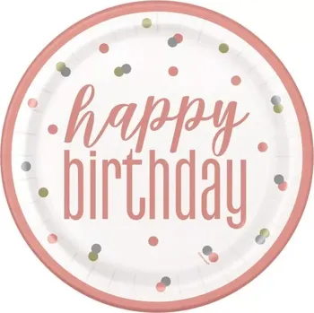 Talíř EKO Talířky papírové - Happy birthday rosegold puntíky 23cm 8ks