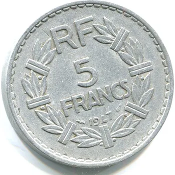 FRANCIE. 5 francs 1947. Otevřená 9 v letopočtu.