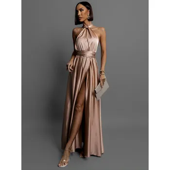 Dámské šaty Zlaté lesklé šaty VALERDI s variabilním vázáním a rozparkem Velikost: ONESIZE