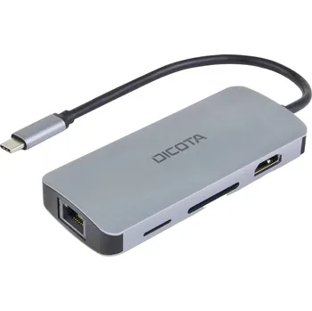 USB hub Dicota Zubehör PC 8 portů USB-C® (USB 3.1) Multiport hub s hliníkovým krytem, s vestavěnou síťovou přípojkou, se zabudovanou čtečkou SD karet, s konektorem USB