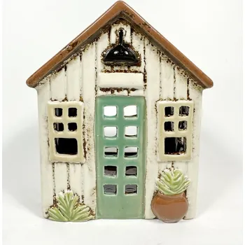 Keramický domek na čajovou svíčku, krémový se zelenými dveřmi 15,5x12,5x9,5 cm