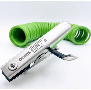 elektrický kabel Uzemňovací kabel DENIOS + svorka K 150 mm a očko M10, kabel 5 m, zelený, ocel, 4 mm², ATEX