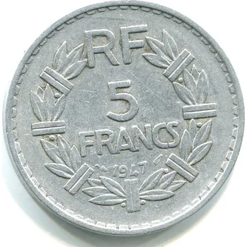 FRANCIE. 5 francs 1947. Uzavřená 9 v letopočtu.