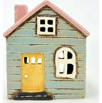 Keramický domek na čajovou svíčku, modro-zelený 13x11x8,5 cm