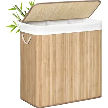 Koš na prádlo Bambusový koš na prádlo s víkem, 150 l, přírodní/bílá, FONDI