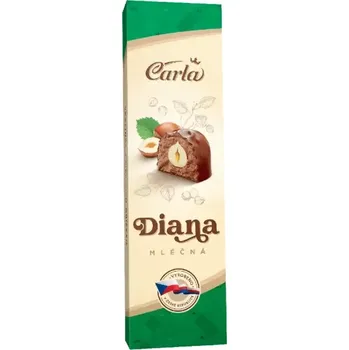Cukrovinka Pralinky Carla DIANA s lískovým ořechem mléčná čokoláda 44 g (CARLA formované čokoládové bonbony v mléčné čokoládě s lískovou náplní a celými jádry lískových ořechů 44 g)