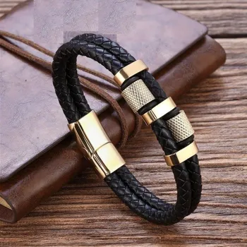 Náramek Pánský kožený náramek H269 zlatá 21 cm