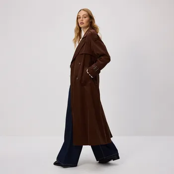 Dámský kabát Reserved - Manšestrový trenčkot s páskem - tmavě hnědá - VZ746-89X - VZ746-89X-S