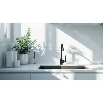 Vodovodní baterie Invena Ligaria, vysoká dřezová baterie s elastickým ramenem, systém Eco Start, černá matná, INV-BZ-39-004-L