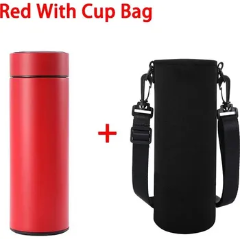 Termoska Chytrá nerezová termoska s displejem 500 ml | chytrá termoska, termo hrnek - Červená s taškou na pohár , 500 ml