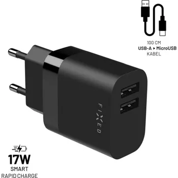 Mobilní telefon Nabíječka do sítě FIXED Smart Rapid Charge s 2xUSB výstupem a USB/micro USB kabelem 1m 17W černá