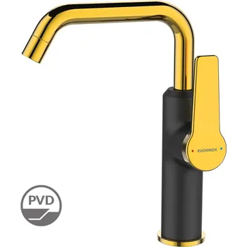 Vodovodní baterie Kuchinox Alanis, umyvadlová baterie s výtokem ve tvaru L, h-235, černá-zlatá lesklá, LAV-BQI_725G