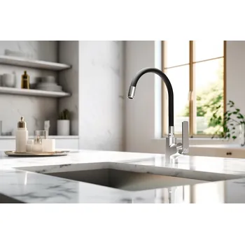 Vodovodní baterie Invena Ligaria, vysoká dřezová baterie s elastickým ramenem, systém Eco Start, chromová-černá matná, INV-BZ-39-008-L