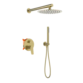 Vodovodní baterie Invena Alonia, podomítková sprchová souprava s ruční a hlavovou sprchou, zlatá matná, INV-BS-70-009-V