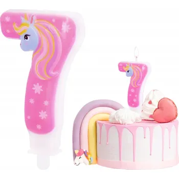 Dortová svíčka SVÍČKA JEDNOROŽEC ČÍSLICE 7 SEDM RŮŽOVÝCH DEKORATIVNÍCH SVÍČEK NA DORT