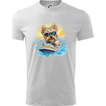 Chlapecké tričko Yorkšírský teriér na vodním skútru - Tričko dětské bavlněné - 98 cm / 2 roky ( Světlešedý Melír )