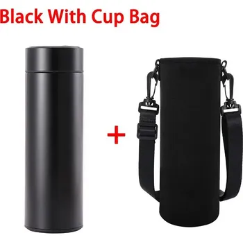 Termoska Chytrá nerezová termoska s displejem 500 ml | chytrá termoska, termo hrnek - Černá s taškou na hrnek , 500 ml