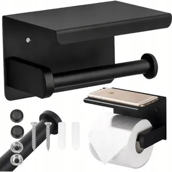 Držák toaletního papíru Aptel černý kovový nástěnný s poličkou AG887