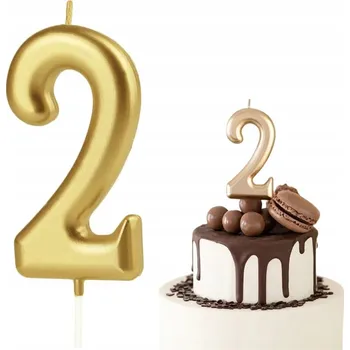 Dortová svíčka ČÍSLICE SVÍČKA ČÍSLO 2 DVĚ ZLATÉ DEKORATIVNÍ SVÍČKY NA DORT