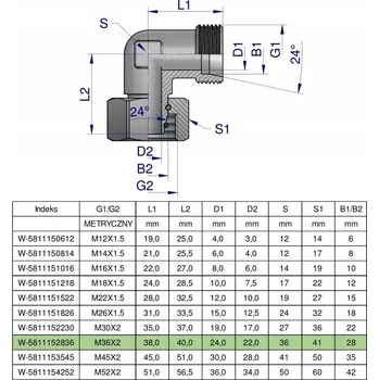 Posilovač řízení Hydraulické koleno metrické AB M36x2 28L (XEVW)