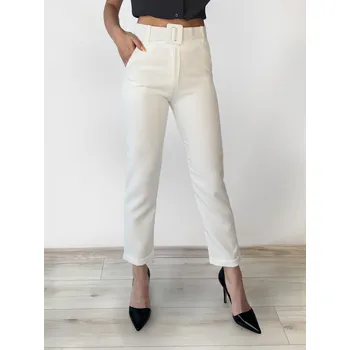 Dámské kalhoty Bílé elegantní kalhoty s páskem, VELIKOST S