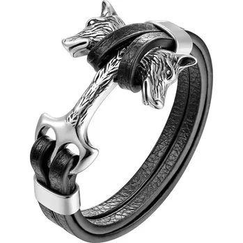 Náramek Černý kožený náramek s vlčím motivem | pánský náramek, kožený šperk - PG528