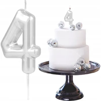 Dortová svíčka STŘÍBRNÁ ČÍSLICE ČÍSLO 4 ČTYŘI LESKLÉ SVÍČKY DEKORATIVNÍ NA DORT