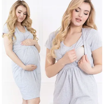 Dámská noční košile TĚHOTENSKÉ KOJITELSKÉ NA KOJENÍ FORMOMMY S PŘEKRYTÍM, ŠEDÉ, 4XL