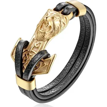Náramek Černý kožený náramek s vlčím motivem | pánský náramek, kožený šperk - PG521