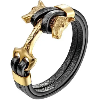 Náramek Černý kožený náramek s vlčím motivem | pánský náramek, kožený šperk - PG524