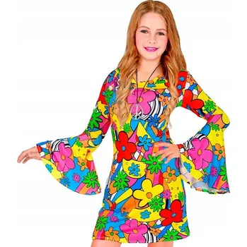 Karnevalový kostým KOSTÝM ŠATY BAREVNÉ KVĚTINY GROOVY 70. LÉTA HIPPIE 140