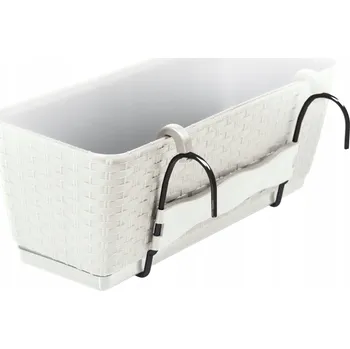 Květináč truhlík Bílý Rattan 50 cm, podložka, držák na zábradlí