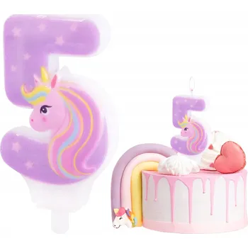 Dortová svíčka SVÍČKA JEDNOROŽEC ČÍSLICE 5 PĚT RŮŽOVÝCH DEKORATIVNÍCH SVÍČEK NA DORT