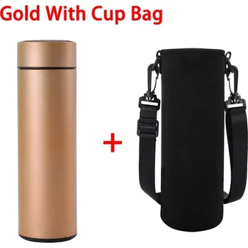 Termoska Chytrá nerezová termoska s displejem 500 ml | chytrá termoska, termo hrnek - Zlatá s taškou na pohár , 500 ml