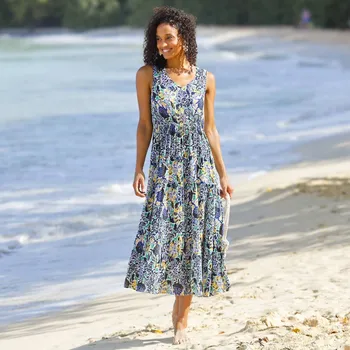 Dámské šaty Dlouhé volánové šaty s potiskem modrá/zelená 50