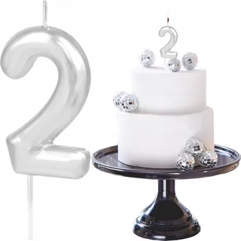 Dortová svíčka STŘÍBRNÁ SVÍČKA ČÍSLICE 2 DVĚ SVÍČKY S LESKEM DEKORATIVNÍ NA DORT