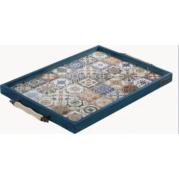 Dřevěný podnos s keramikou a porcelánem, dekorativní tác Esperanza 44x32