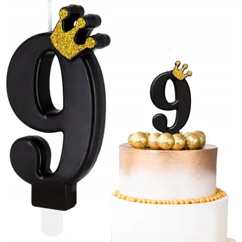 Dortová svíčka ČERNÁ SVÍČKA ZLATÁ KORUNA ČÍSLICE 9 DEVĚT DEKORATIVNÍ SVÍČKY NA DORT