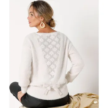 Dámský svetr Pulovr z úpletu s vlasem a krajkou na zádech slonová kost 46/48